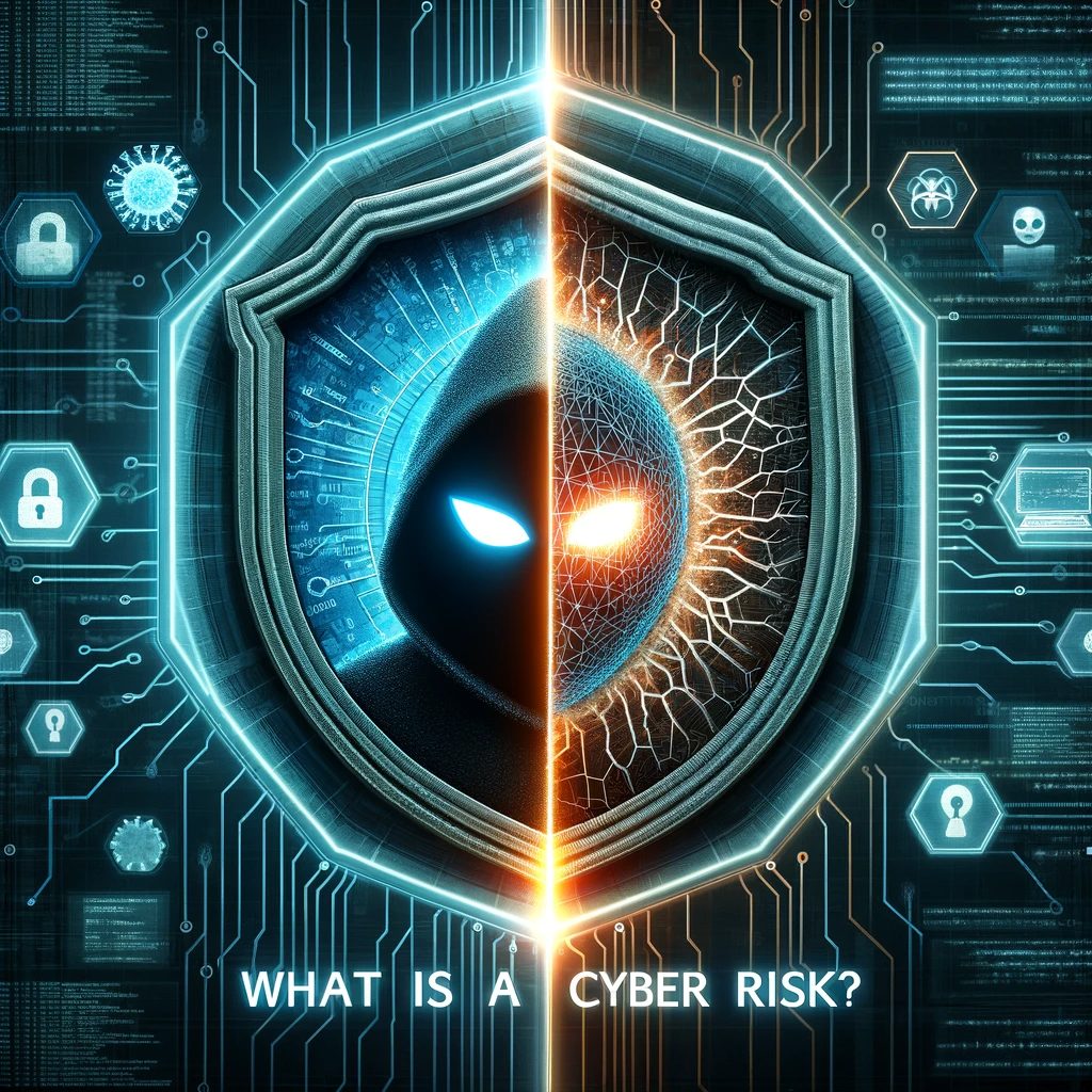 Eine Seite des Bildes zeigt eine digitale Bedrohung, repräsentiert durch dunkle, bedrohliche Codierungs- oder Hackersymbole. Die andere Seite zeigt eine Schwachstelle, dargestellt als ein rissiger oder fragiler digitaler Schild oder Firewall.