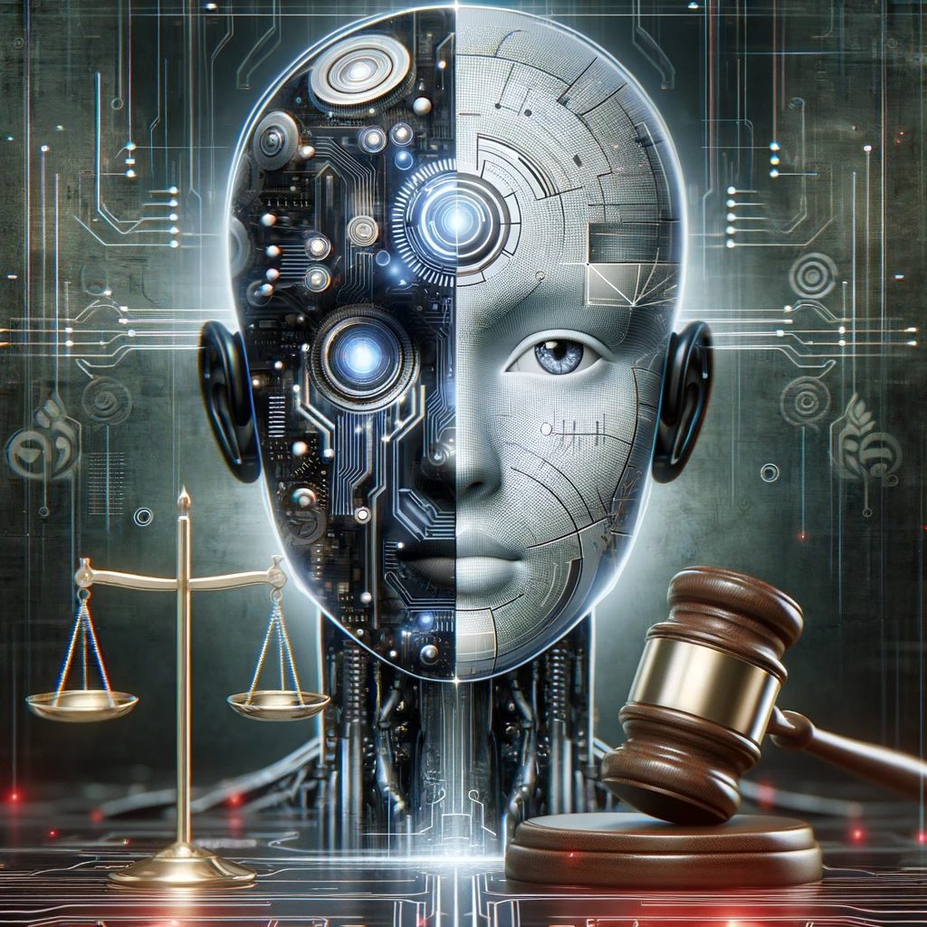 Konzeptbild, das künstliche Intelligenz und Gesetze darstellt. Es zeigt den Kopf eines humanoiden Roboters, der aus Schaltkreisen und digitalen Elementen besteht. Eine Hälfte des Gesichts spiegelt fortschrittliche Technologie wider, während die andere Hälfte Symbole für Recht und Gerechtigkeit zeigt, wie einen Richterhammer und eine Waage. Der Hintergrund ist abstrakt und futuristisch, symbolisiert die Schnittstelle von Technologie und Regulierung.