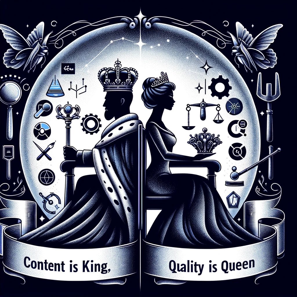 Es stellt eine königliche, symbolische Darstellung dieser Konzepte dar. Auf einer Seite wird 'Content' als König visualisiert, dargestellt durch eine majestätische Krone oder einen symbolischen Thron, gefüllt mit verschiedenen Formen von Daten und Informationen, was die Fülle und Bedeutung von Inhalten symbolisiert. Auf der anderen Seite wird 'Quality' als Königin dargestellt, repräsentiert durch eine elegante Krone oder einen würdevollen Thron, umgeben von Werkzeugen oder Symbolen für Präzision und Gültigkeit, um die kritische Bedeutung von Qualität in Daten hervorzuheben